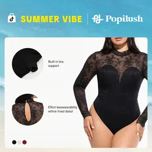 Popilush Essential Deep V-Neck Long Sleeve Bodysuit  Breathable Fabric Sheer Lace Turtleneck with Built-in Bra & Tummy Control Casual