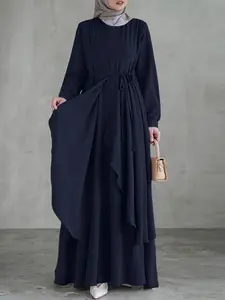 Women's Solid Color Long Sleeve Classy Modest Dresses, Street Fashion Layered Design with Lantern Sleeves and Belt, Perfect for Daily Outings