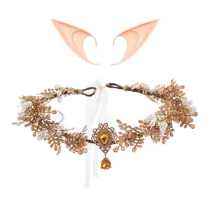 GentleLie Handmade Gold Leaf Pearl Fairy Crown with Elf Ears, Vintage Goddess Headpiece for Women, Halloween Party Costume, Renaissance Festival, Woodland Elf Tiara, Bridal Cosplay Accessory