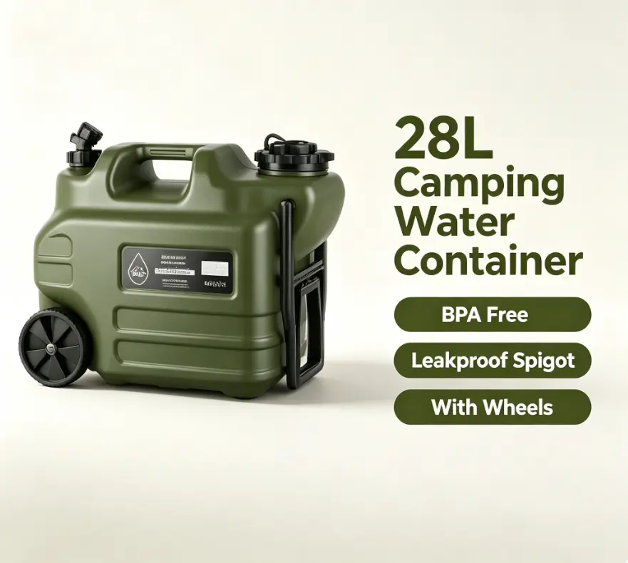 28L Camping Water Container with Spigot, BPA Free Leakproof Water Jug with Wheels, Portable Military Green Water Tank for Outdoor Hiking Picnic Emergency