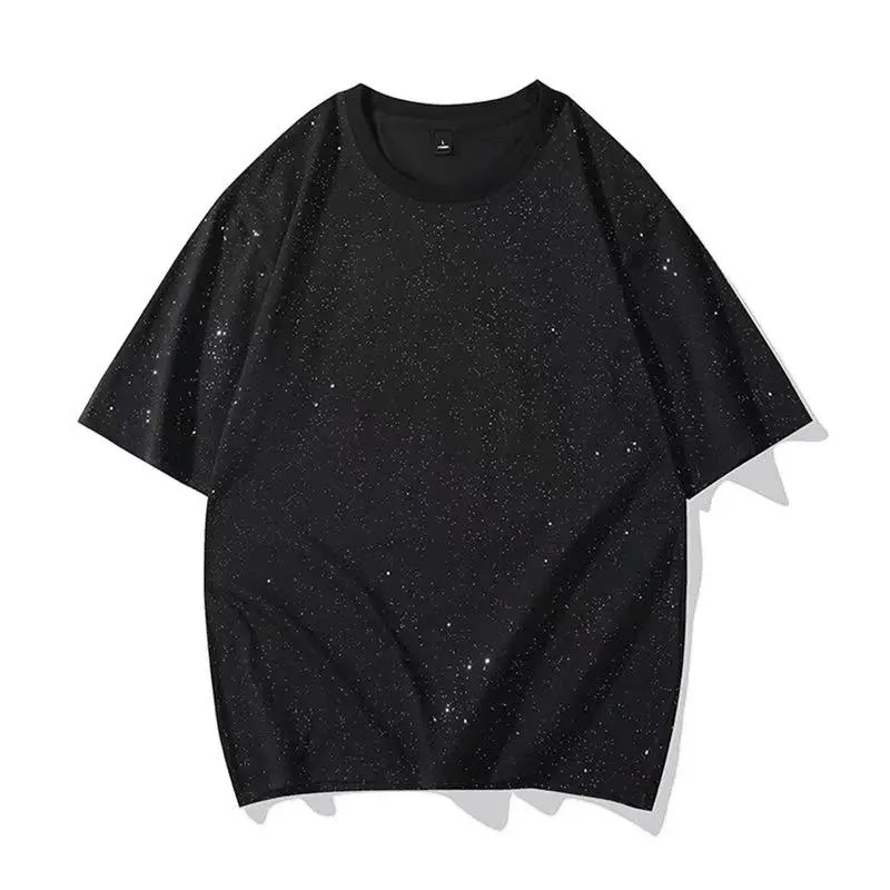 Gypsophila Black Starry Sky Rhinestone Short Sleeve Cool Trendy Brand T-Shirt Elegant Half Sleeve Tee Unisex Couple Style Short Sleeve Casual Clothes Round Neck Womenswear
