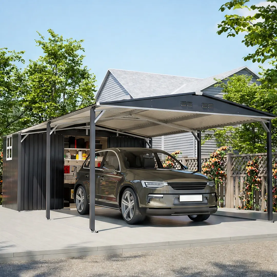 ARCH Heavy Duty Metal Carport Shelter - 12'x23ft Steel Equipment Vehicle Storage Shed, 12'x17' 2-in-1 Garage with 1.6in Reinforced Triangular Structure, Sliding Door, UV Panel, Waterproof Sloped Roof (142.50w x276.00d x89.00h in, 406.46lb Gray)