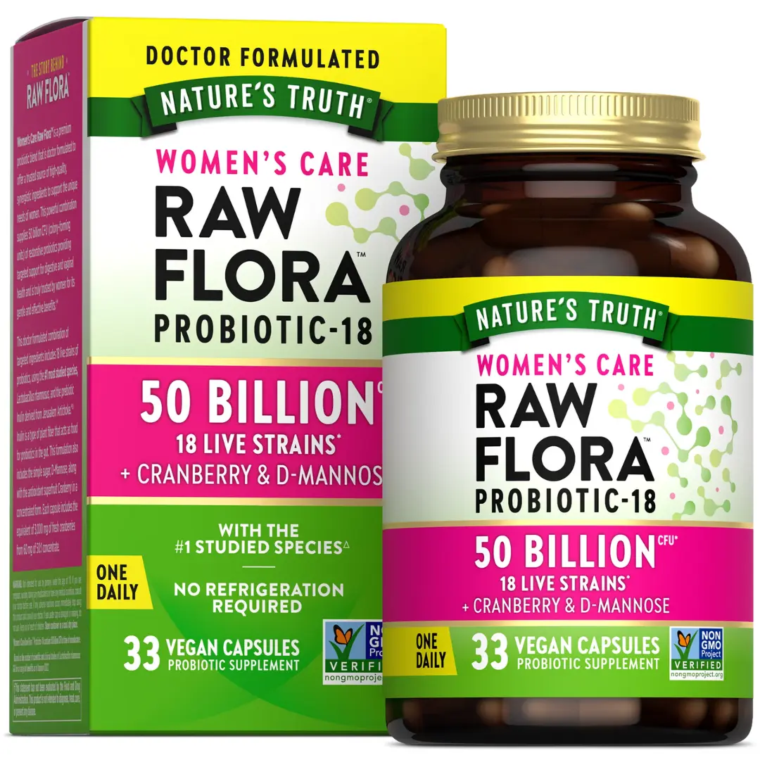 Raw Flora Women’s Care Probiotic, 50 Billion CFU, 30 Vegan Capsules, Supports Gut & Microbiome Balance
