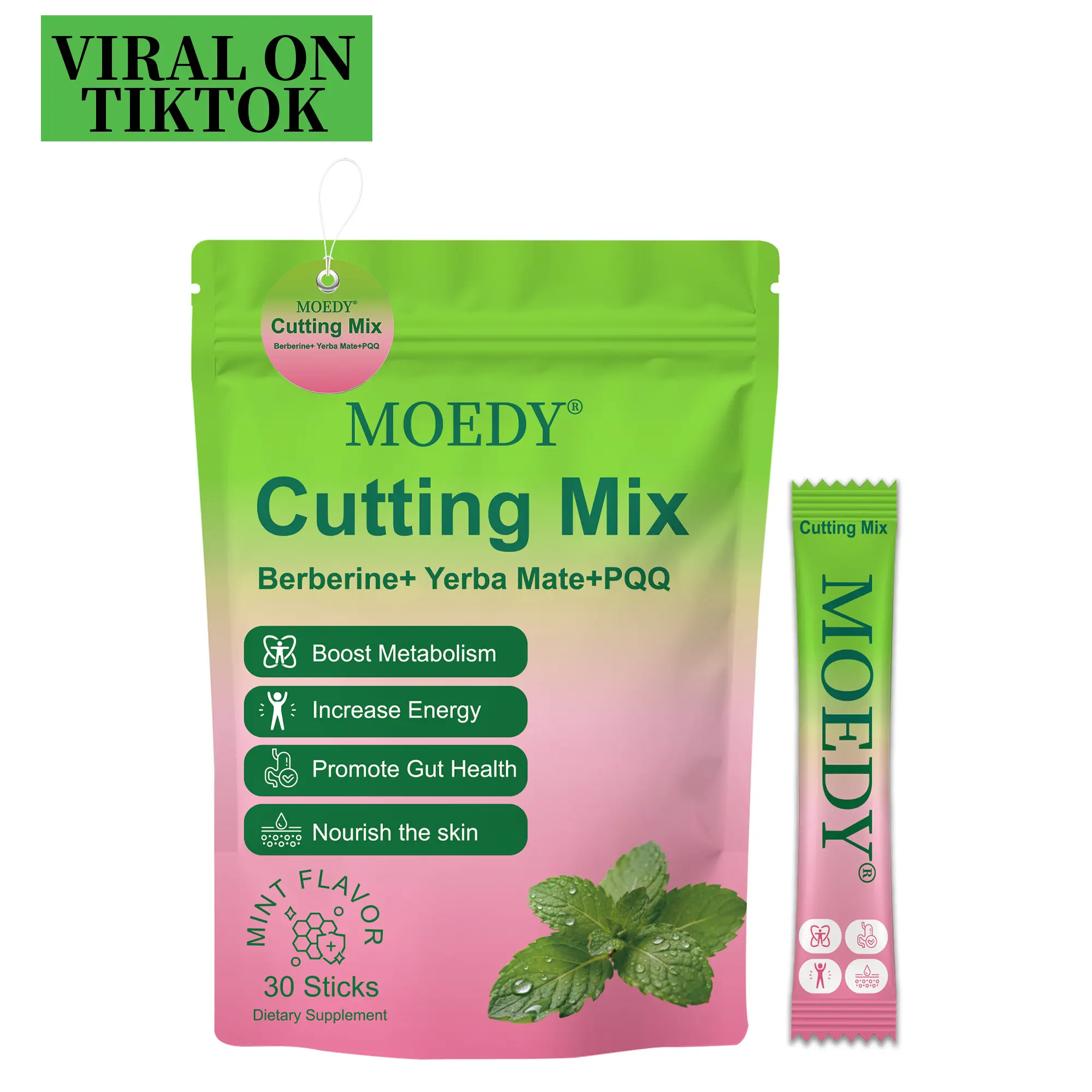 MOEDY Natural Dietary Fitness Supplement Cutting Mix Drink - Berberine, Yerba Mate, Mint for Gym Goals, Metabolism & Energy Support (30 Sticks), Metabolism Boost