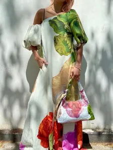 Floral Print Asymmetrical off Shoulder Dress, Single Shoulder Bubble Sleeve A-Line Long Dress, Elegant Bohemian Boho Casual Wear Womenswear Summer Fashion for Women