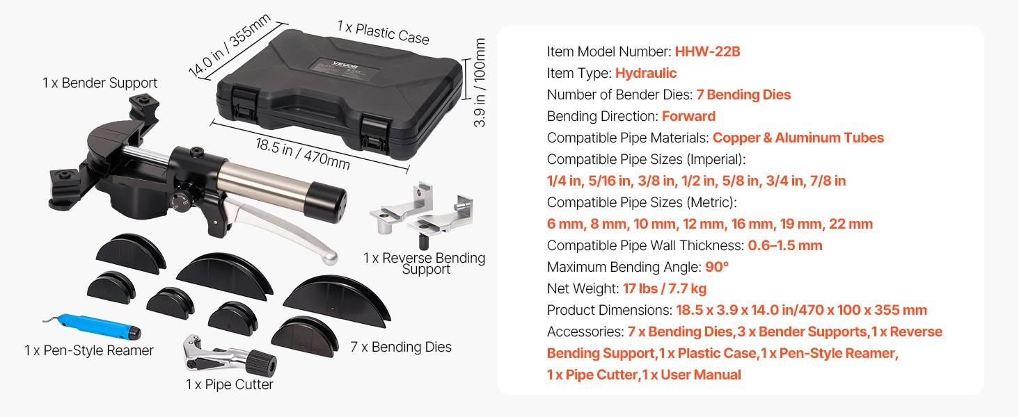 Hydraulic Tubing Bender Kit, 1/4 Inch To 7/8 Inch Copper Tube Bender With Seven Aluminium Alloy Dies, Forward And Reverse HVAC Bending Tool Set For Air Conditioning, Refrigeration, Auto Repair, Industrial Grade