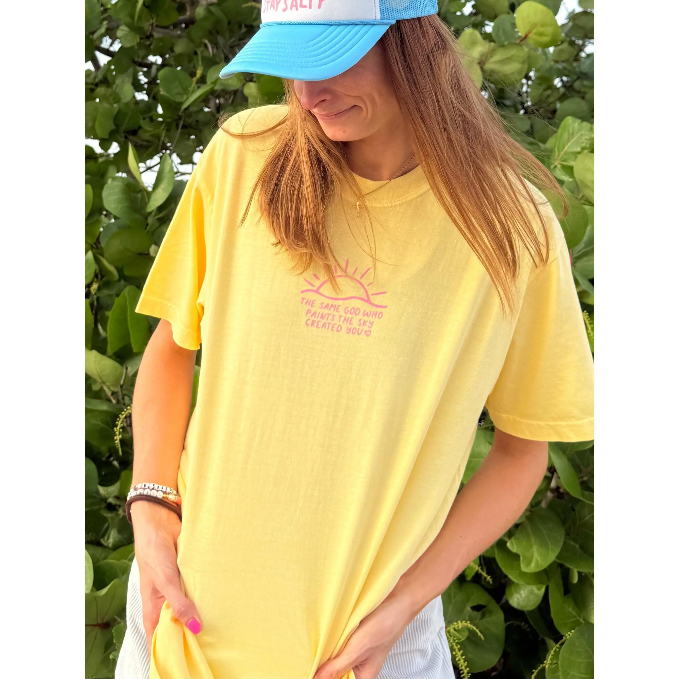 Women's Oversized Short-Sleeve "The Same God Made You" Sky-Print Fabric Top Women's Oversized Short-Sleeve "The Same God Made You" Sky-Print Fabric Top