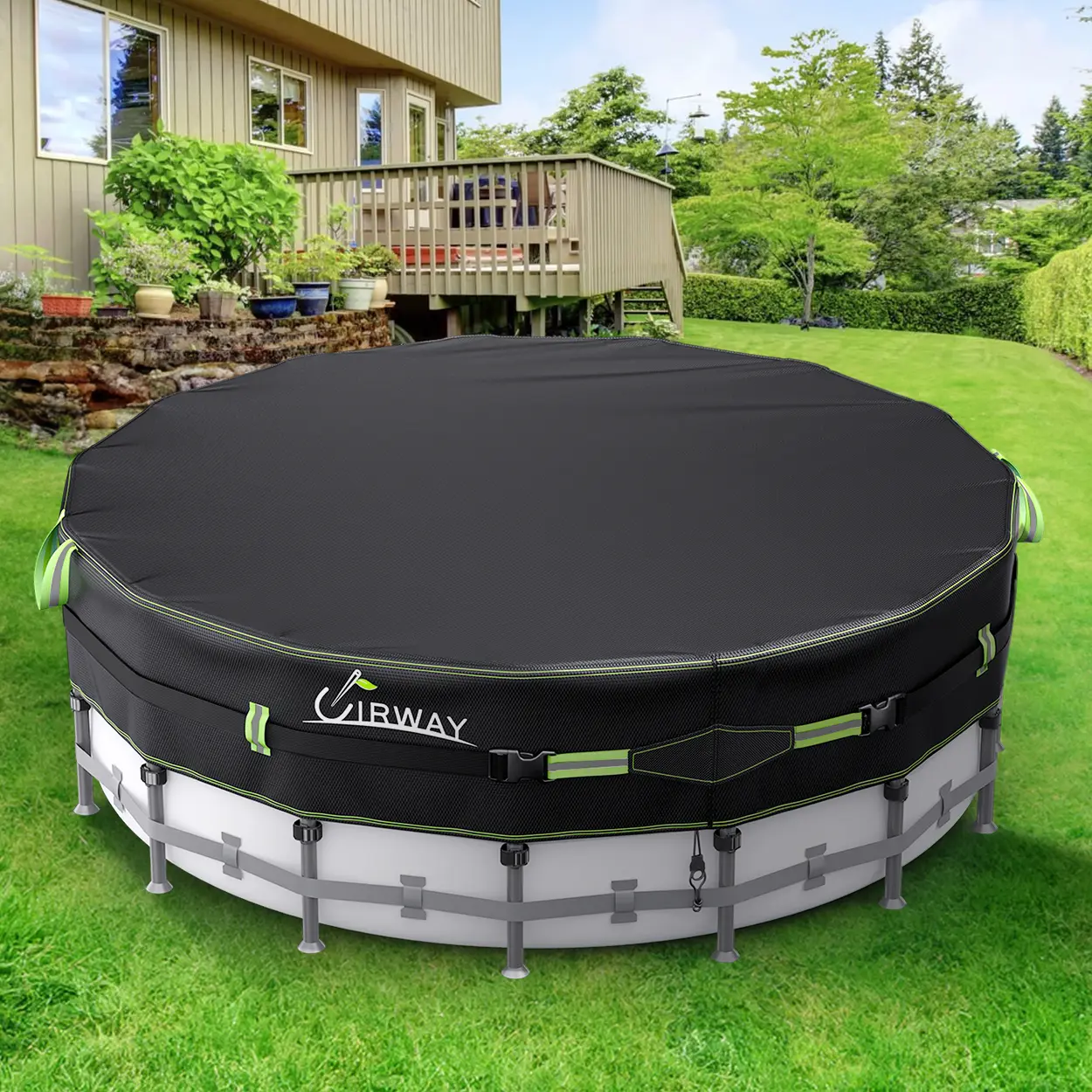 UIRWAY 500D Round Pool Cover for Above ground Pool with Super Windproof Gel-Coated Tarp Reflective Straps, Swimming Pool Covers with UV Protection,summerwins,deal for you days
