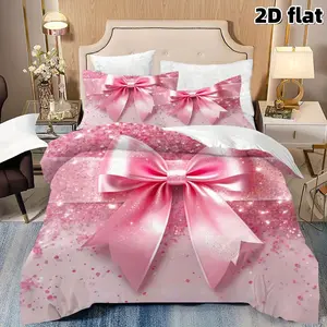 2D Flat 3Pcs Pink Bow Glitter Decorative Duvet Cover, Romantic Shiny Ribbon Pattern Bedding (1 Cover+2 Pillowcases, Unfilled) - for Girls Bedroom Decor, Gift Her, Aesthetic Home Decor.