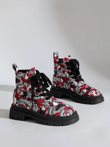 Dark Skull Rose Full Print Thick Sole Stacked Heel Boots, Sweet Punk Lace-Up Platform Short Boots, European Streetwear Slimming Work Boots