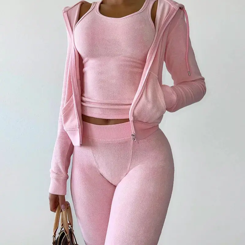 Women's 3-Piece Thick Fleece Activewear Set - Long Sleeve Hoodie, Zip Vest, High-Waist Cotton Joggers for Fall Winter Athletic Sports, Activewear Women's Sportswear Set, Co Ord Women's Sportswear Set