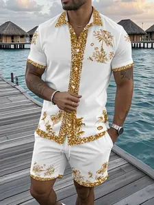 Manfinity RSRT Men's Vacation Fashion Tropical Palm Tree Digital Print Shirt And Shorts Casual Suit Set, Cozy Outfits