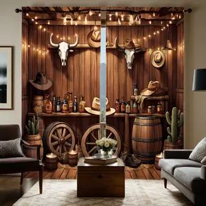 2pcs Rustic Wooden Cabin & Bull Head Print Curtains - Brown Digital Print, Rod Pocket Design for Living Room and Bedroom Decor