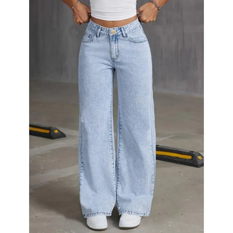 YYW1 Classic-Waisted Wide Leg Jeans - Women Jeans, Cotton Blend, Polyester, Viscose, Machine Washable, No Stretch, Solid Color, Four Seasons, Zipper Closure, Casual Outwear(gift)