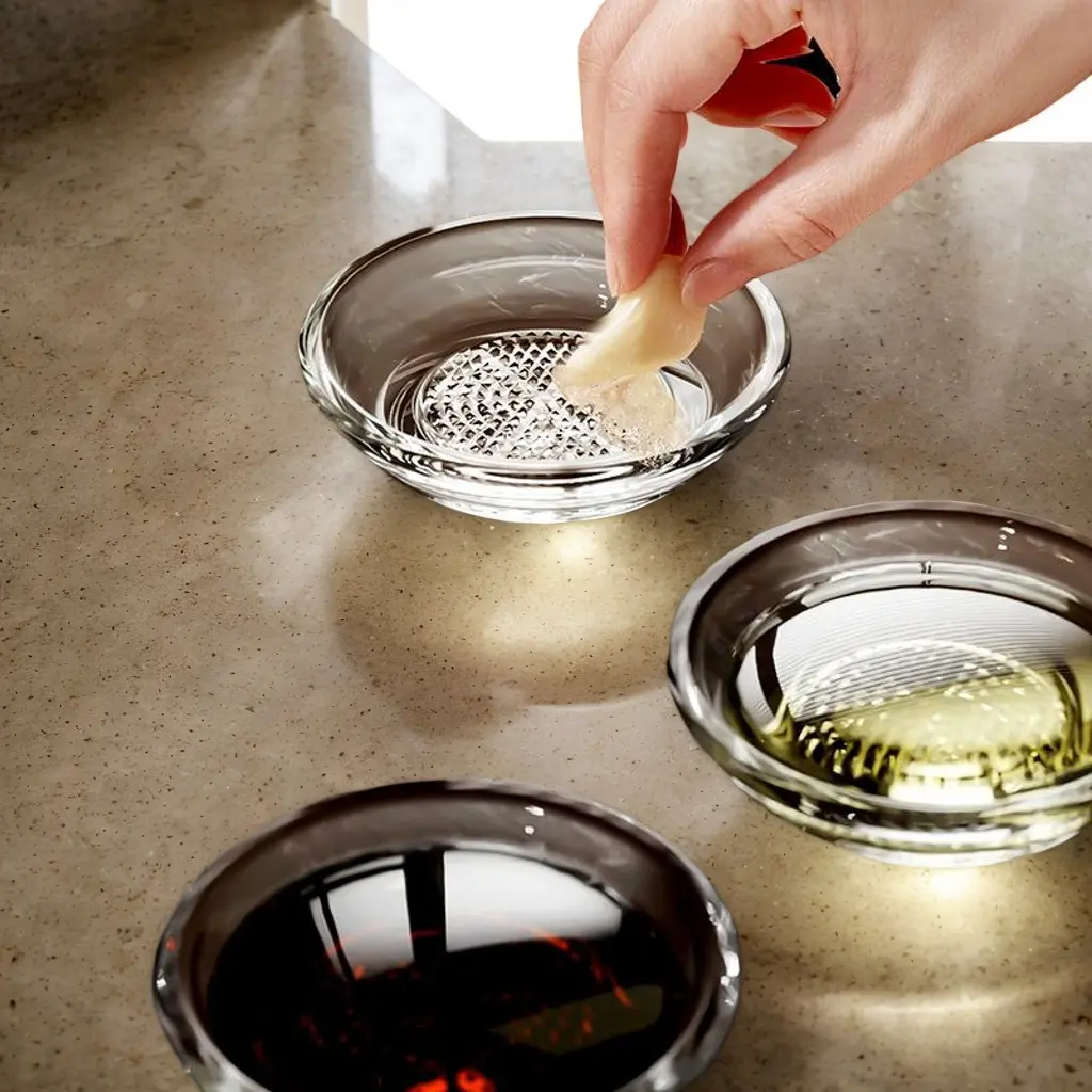 2-Pack Classic Multifunction Glass Condiment Bowl & Garlic Mincer Grater Plate Set - 5.25" Plate, Peeler, Brush, Stand Included - Therapeutic Kitchen Utensils for Garlic, Ginger Peeling