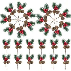 Christmas Floral Picks, 30Pcs Pine Cone Holly Berry Stems for Crafts, Artificial Christmas Picks and Sprays, Red Berry Branches Greenery for Christmas Home Decor, Garland, Wreath (30)