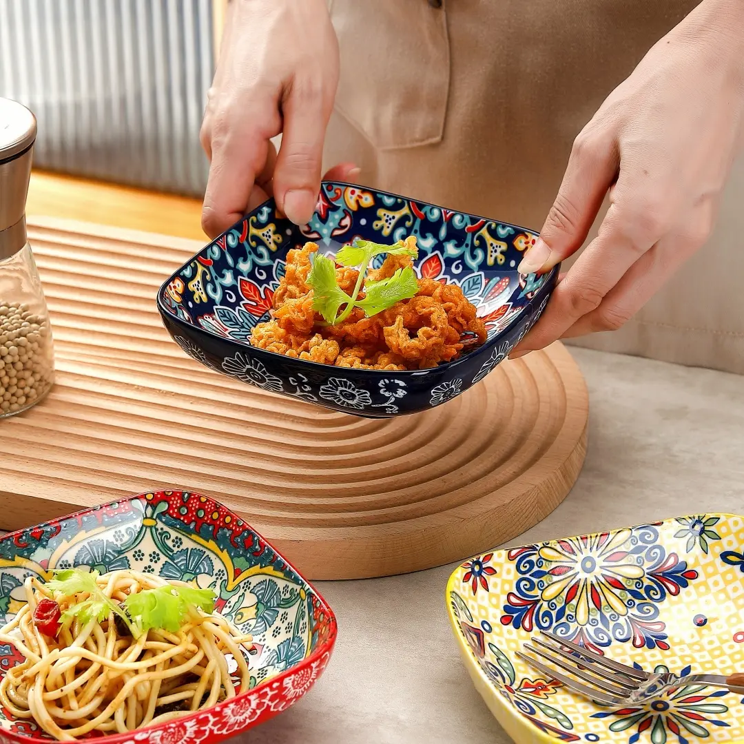 Bohemian Style Ceramic Soup Bowls Set, Serving Bowls, Ceramic Food Bowls, dinnerware sets, durable kitchenware, 3pcs Rectangular Small Dishes Tableware for Cereal Pasta Snacks Salad Dinner, Dishwasher Microwave Safe
