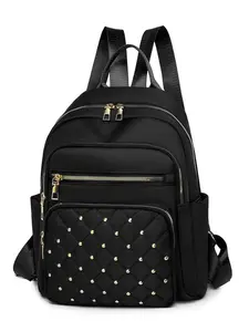 Tartan Rivet Mini Backpack, Luxurious Small Satchel Bag, Girly Commuter Bookbag, Nylon Shoulder Bag, Metal Rivets Decorative Women's Bag, Cute Versatile Backpack, Stylish Daypack