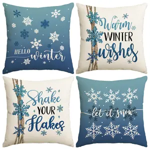 4pcs Christmas Pillow Cover, 18x18 inches, Winter Greetings First Snow Falling Pillow Cover, Winter Warm Wishes Pattern Cushion Cover, Winter Wishing for Snow Gradient Snowflake Print Pillow Cover, Winter Festival Home Sofa Decoration (without pillow core