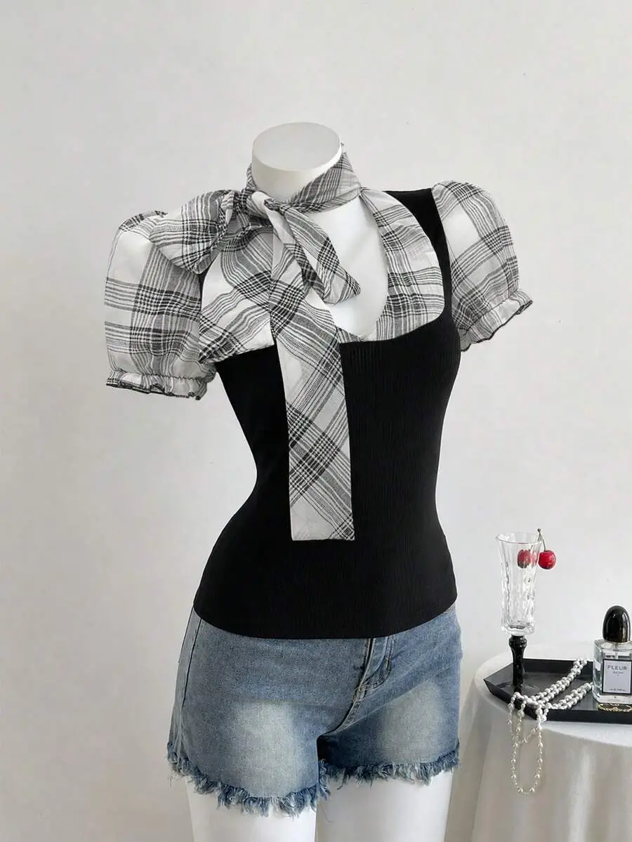 ROVAX Women's Short Petal Sleeve Plaid Tie-Up Patchwork T-Shirt
