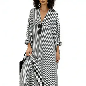 New women's spring and summer striped long-sleeved dress, casual loose cotton shirt dress, long skirt, knee-length, long teacher's uniform