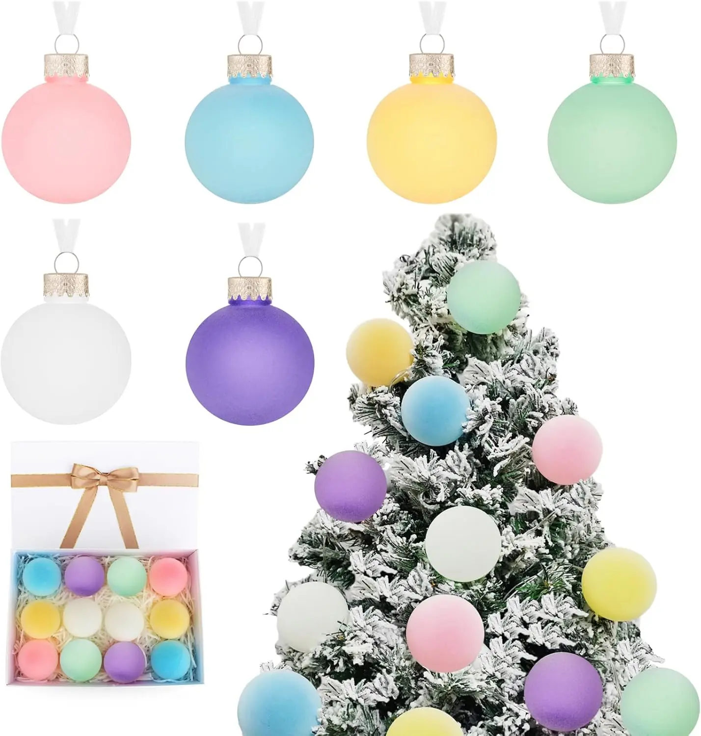Candyland Party Decorations Pastel Christmas Ornaments Set of 12, 2.36" with Gift Box, Rainbow Candy Color Velvet Frosted Hanging Balls for Christmas Tree Birch Tree Garland Easter Holiday Party