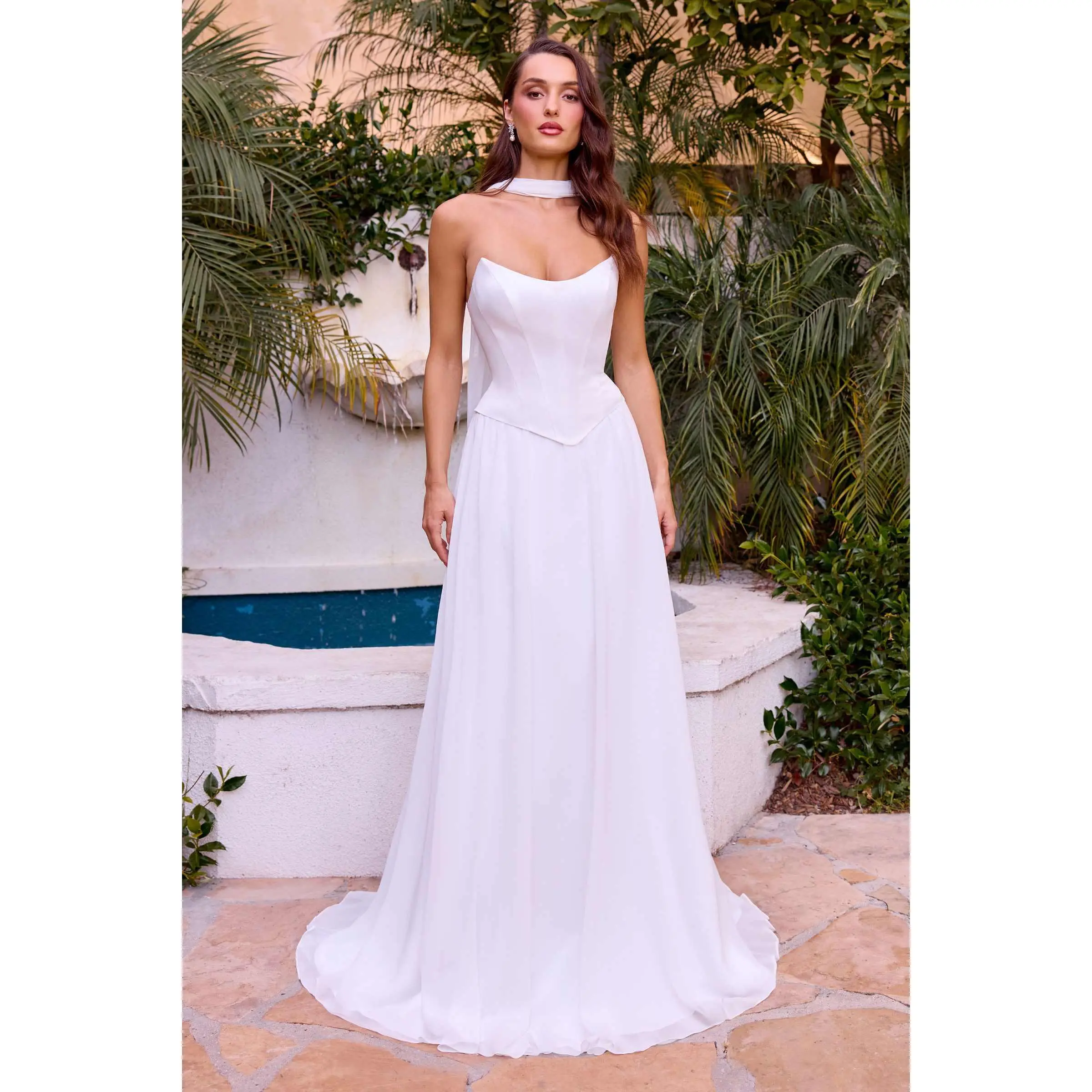 Women's Ladivine Elegant A-Line Bridal Gown - Sleeveless Chiffon Corset Dress with Curved Neckline, Detachable Sheer Scarf, Zip Back, Lightweight Chiffon Fabrics, Flattering Fit for Outdoor Weddings, Bridal Skirt