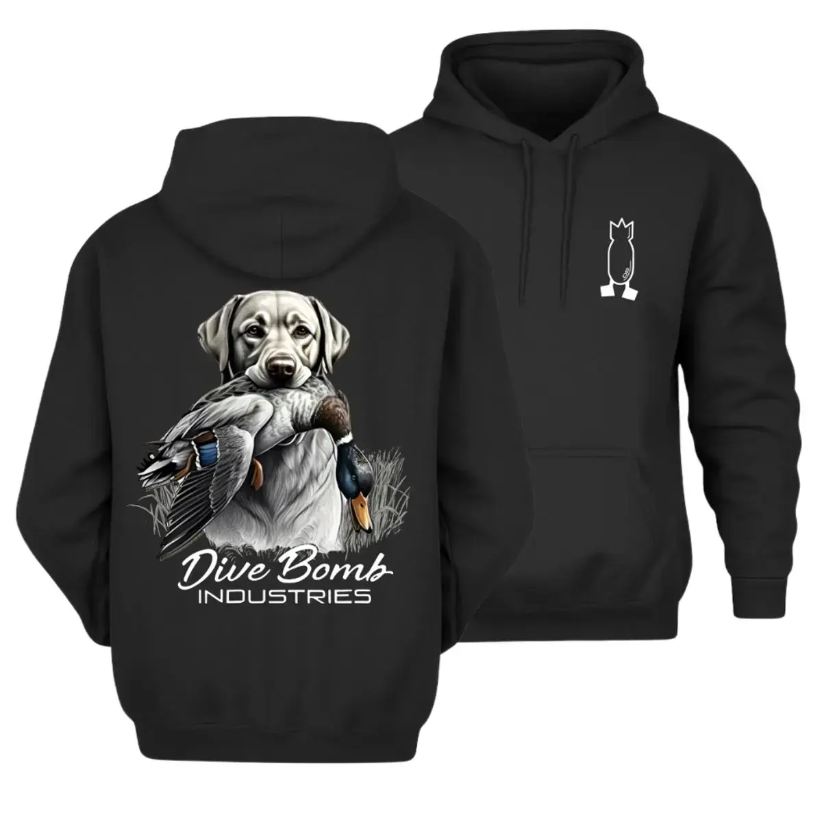 Dive Bomb Industries Menswear Cotton Graphic Hoodie - Classic Labrador Retriever Duck Hunting Pullover, Vintage Waterfowl Hunter Gift, Retro Dog Handler Fitted Cut Sweatshirt, Purple Top - KitchenEra