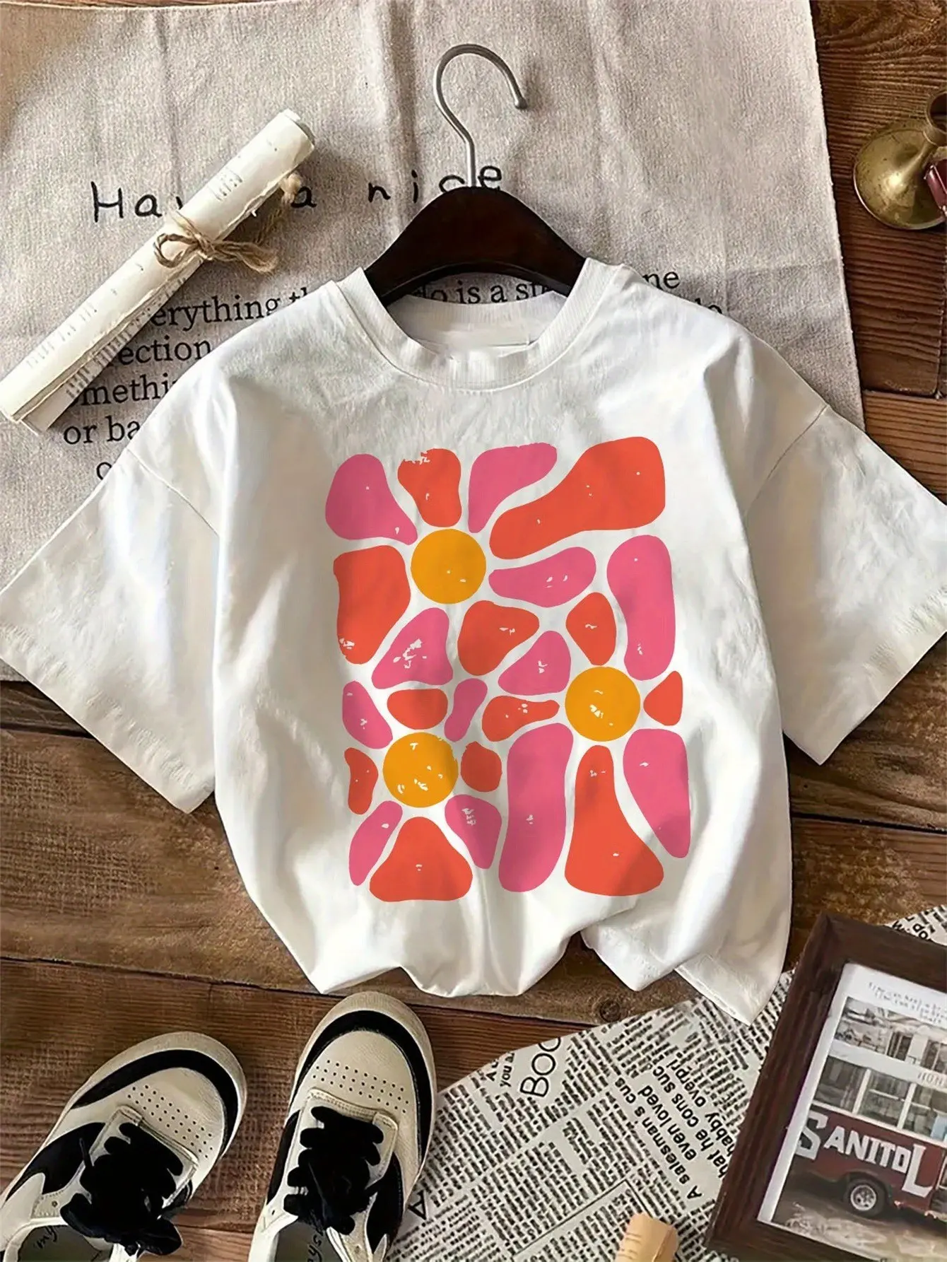Viral Back to School White T-Shirt for Teens!  Soft & Breathable Graphic Tee with Bright Floral Print | Trendy Loose Fit Top for Girls, High School Comfort Fit | cute aesthetic outfit must-have cute school tops