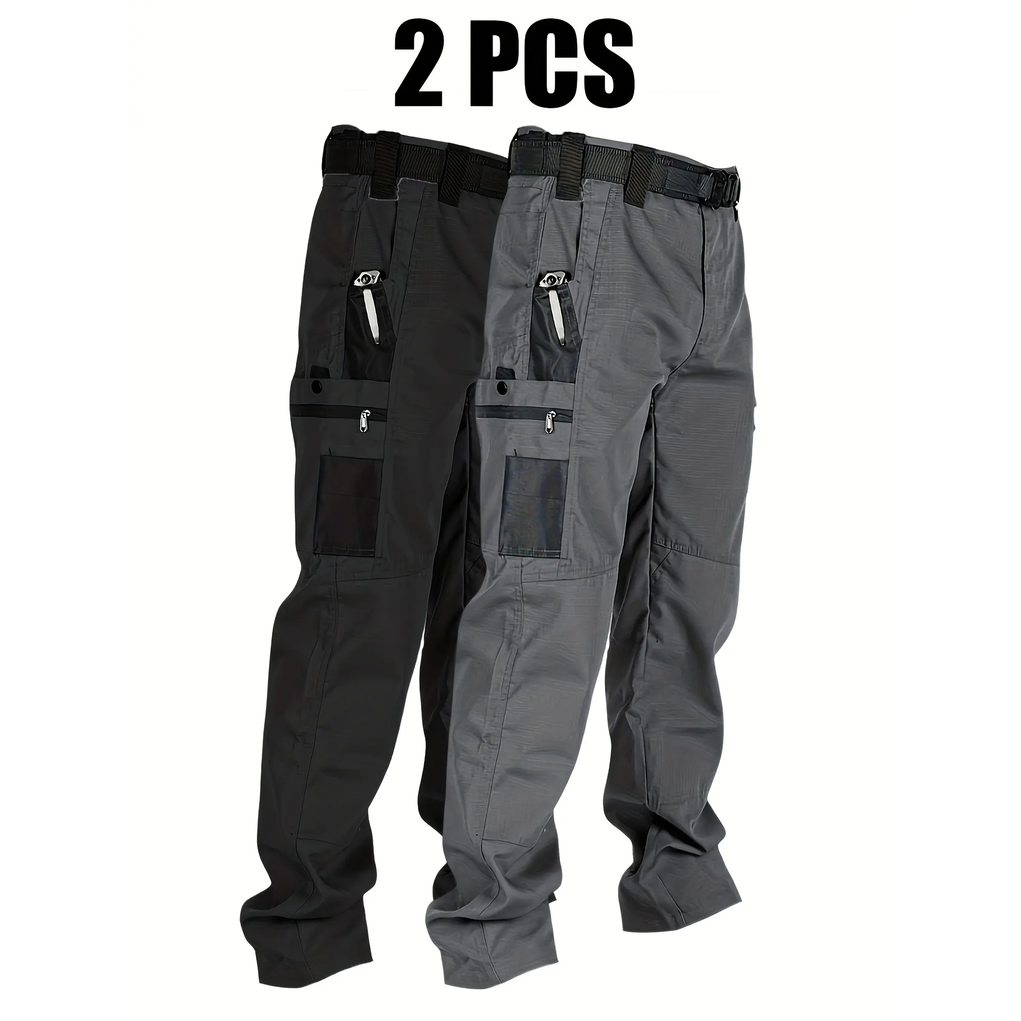 Men’s 2-Pack Casual Long Plain Elegant Cargo Pants, Lightweight Stretch Ripstop Tactical Work Trousers with Multi Pockets, Relaxed Fit Menswear for Hiking, Outdoor Use, Zipper, Sports, Polyester, Loose, Men's Work Pants, Baggy, Clothes, Mid Waist, Multi-P