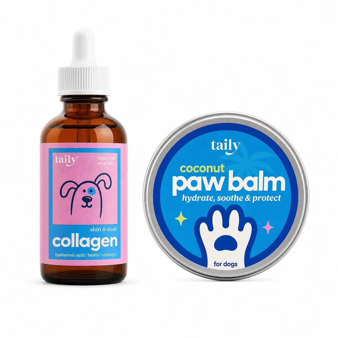 Taily Liquid Collagen for Dogs & Cats + Free Coconut Paw Balm | Summer Essentials | Grass Fed Collagen with Hyaluronic Acid, Biotin & Vitamin C | Daily Skin & Coat Support + Soothes Dry Cracked Paws & Noses