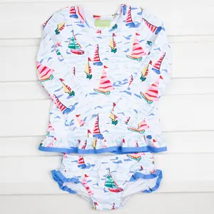 Watercolor Sailboat Rash Guard Set - 2Pc Long Sleeve Swimsuit for Girls