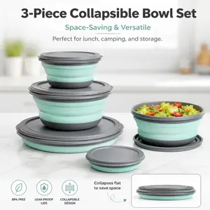 3-Piece Collapsible Silicone Bowl Set, Space-Saving Foldable Food Storage Containers with Lids, Bowls for Meal Prep, Camping, Travel & Lunch