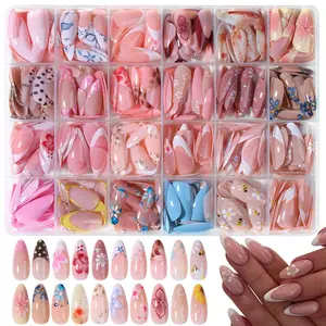 576pcs Long Almond Shape 3D Gel, Flower Design, French Tips, Acrylic False Nails, Includes 4 Jelly Glue & 2 Nail Files, DIY Nail Kit