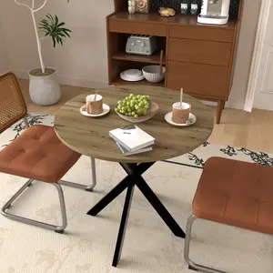 Round Dining Table, Small Circle Kitchen Table with Metal Black Legs for 2-4 people,Modern Dining Room Table, Brown (only table)