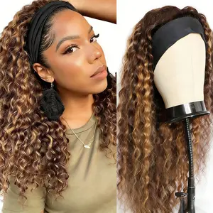 Glueless Highlight Ombre Headband Deep Wave Curly Wig 10A Brazilian Virgin Human Hair Glueless Wear Go Wigs 180% Density