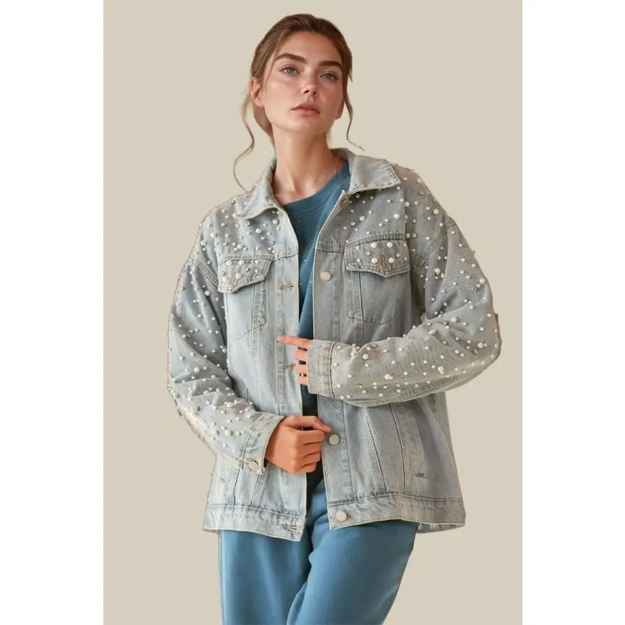 Oversize Pearl Rhinestone Denim Jacket
