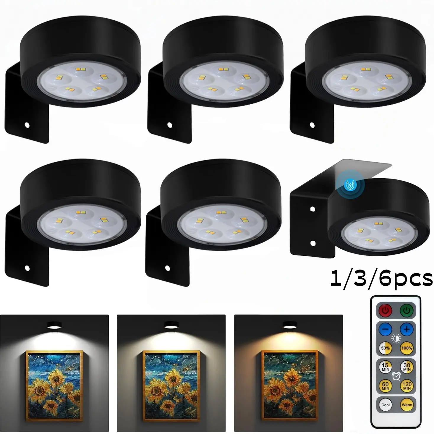 Wireless Magnetic LED Picture Light, Adjustable, Dimmable Lamp with Adjustable Brightness, Timer and Adjustable Lighting Modes, Battery-Powered Wall-Mount Display Light for Home Decor, Dimmable Lights, Led Mood Light