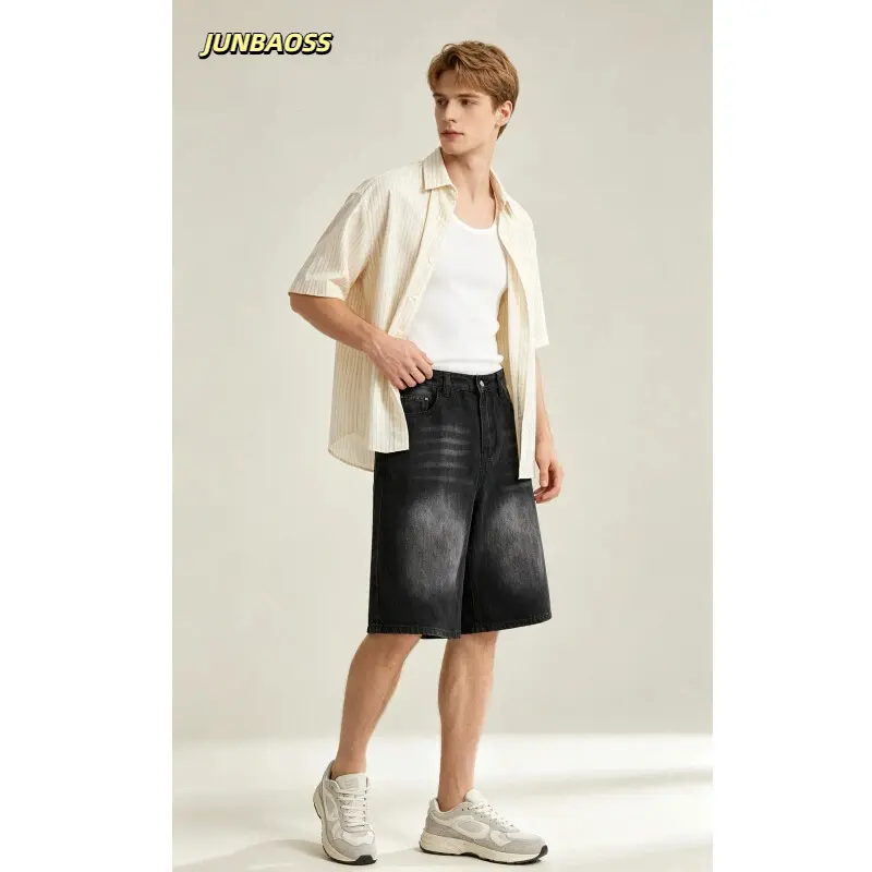 JUNBAOSS Men's Baggy Jean Shorts Y2K Casual Vintage Wide Leg Skater Denim Shorts Fashion Comfy Loose Fit Long Streetwear Hip Hop Summer Jorts Denim Shorts Below Knee