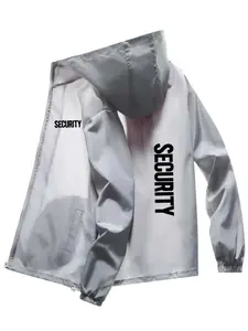 Men's Fashionable Security Letter Print Jacket, Casual Hooded Design, Zipper Pockets, Polyester Material, Spring & Fall Wear