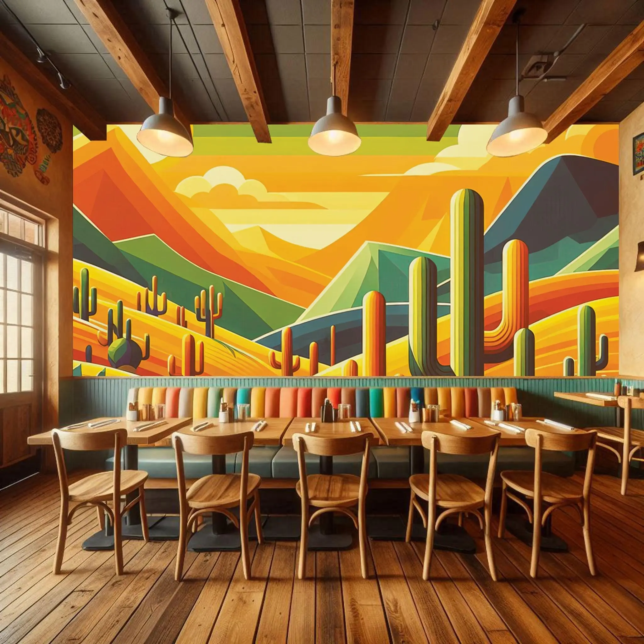 Vibrant Mexican Landscape Peel and Stick Wallpaper – Colorful Cactus Desert Mural – Modern Minimalist Wall Art for Home Décor