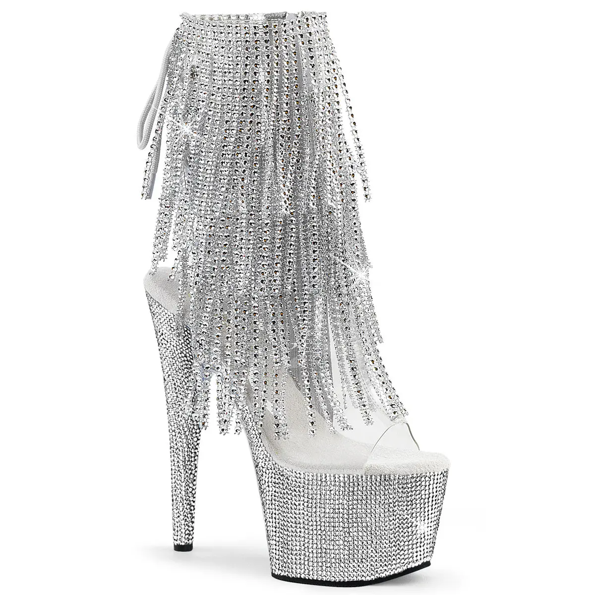 Women's Stylish Fashion High Heels Footwear - 7" Heel Silver Rhinestone-Encrusted Platform Open-Toe Ankle Boots with Layered Fringe, Lace-Up Back, Heeled, Classy