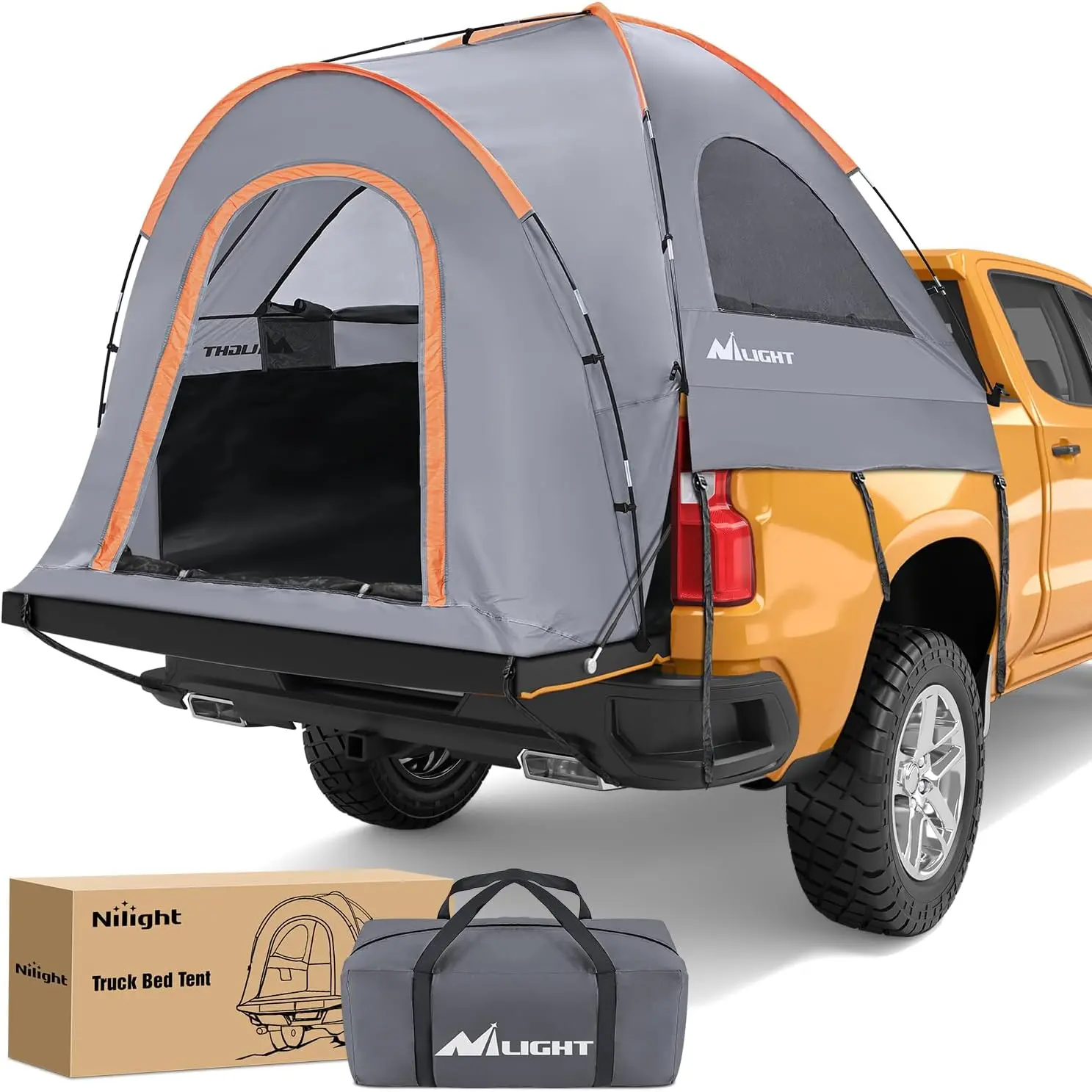 Nilight Truck Bed Camping Tent - 6.4/6.5/6.7 FT Waterproof PU2000mm Double Layer Portable Tailgate Tent with Rainfly, Orange Grey Folding Canopy, Heavy Duty Shelter, Truck Accessories for Outdoors Camping