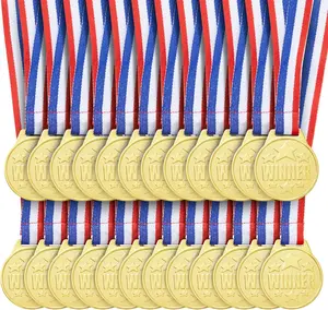 24 Pack Gold Winner Medals for Kids and Adults - Participation Awards with 15.3-Inch Red, White, and Blue Neck Ribbons for Sports, Tournaments, Competitions (Metal, 1.5 in)
