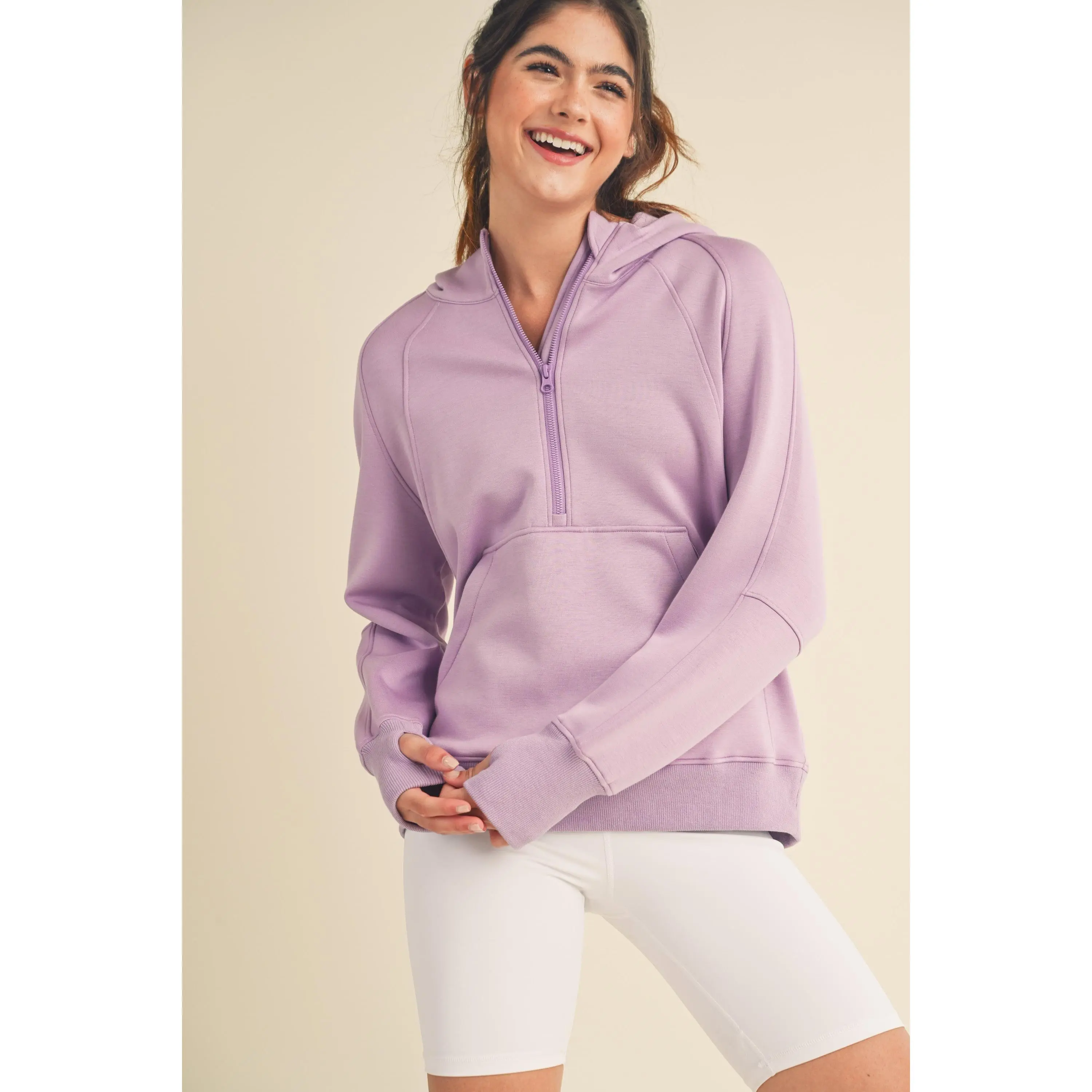 Women's Quarter-Zip Scuba Hoodie – Thumb Holes, Kangaroo Pocket, Wide Cuffed Trim, Lightweight Soft Fabric | Casual & Athleisure Style