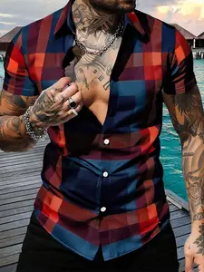 Men's Random Plaid Print Short Sleeve Shirt, Casual Outdoor Shirt, Regular Fit Soft Comfy Collared Button Top for Summer, Men's Clothes for Beach Vacation, Menswear