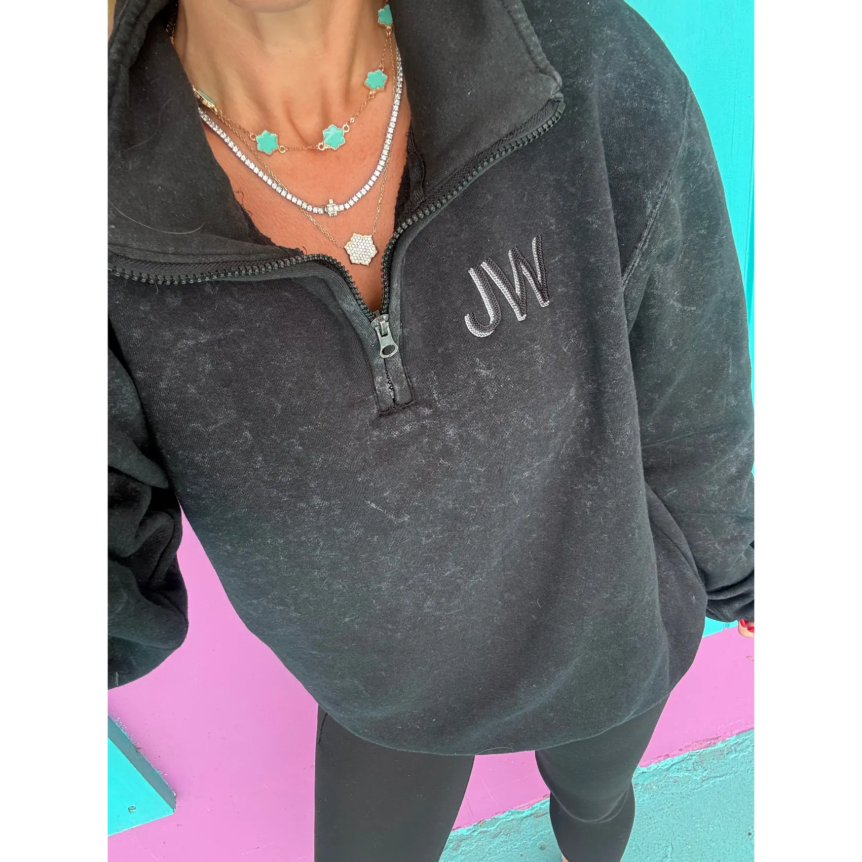 Acid Black Embroidered Quarter Zip Pullover