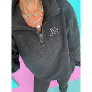 Acid Black Embroidered Quarter Zip Pullover