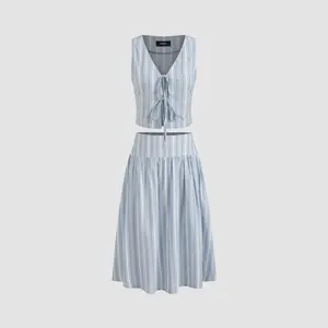 CIDER Women's 2-Piece Striped Set, 0-10 Size V-Neck Tie-Front Crop Vest & Mid-Rise Ruffle Midi Skirt