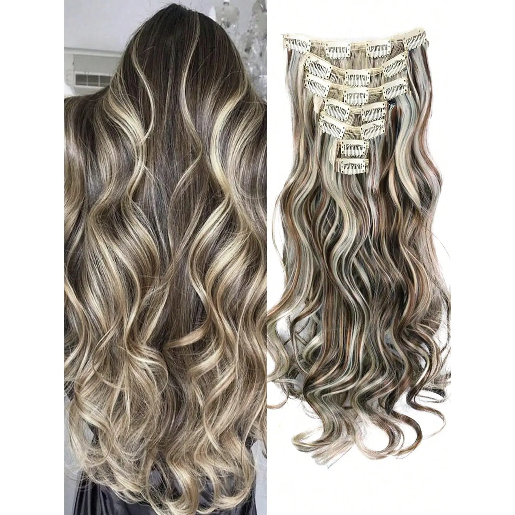 Fashion 18-30 Inches 16 Clip Black Natural Daily Long Curly Hair Extensions Seven-Piece Set For WomenFashion